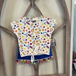 Andy & Evan Girls Terry Set size 4 Colorful Fruit Print Top with Pom Pom Trim